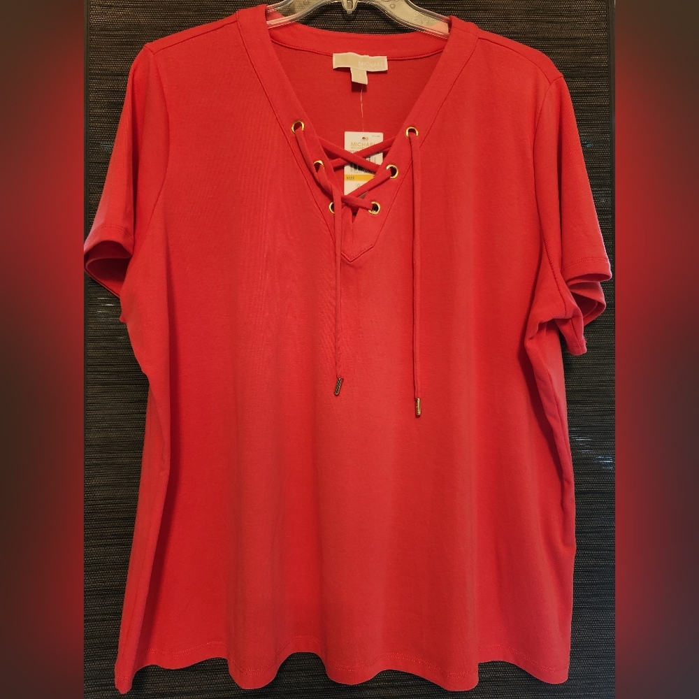 NWT MICHAEL Michael Kors Red Lace-Up Short Sleeve Tee